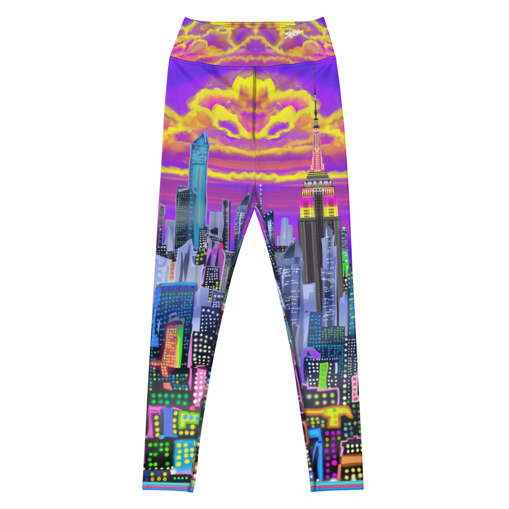 Leggings with a vibrant cityscape Loria NYC Art design on a white background