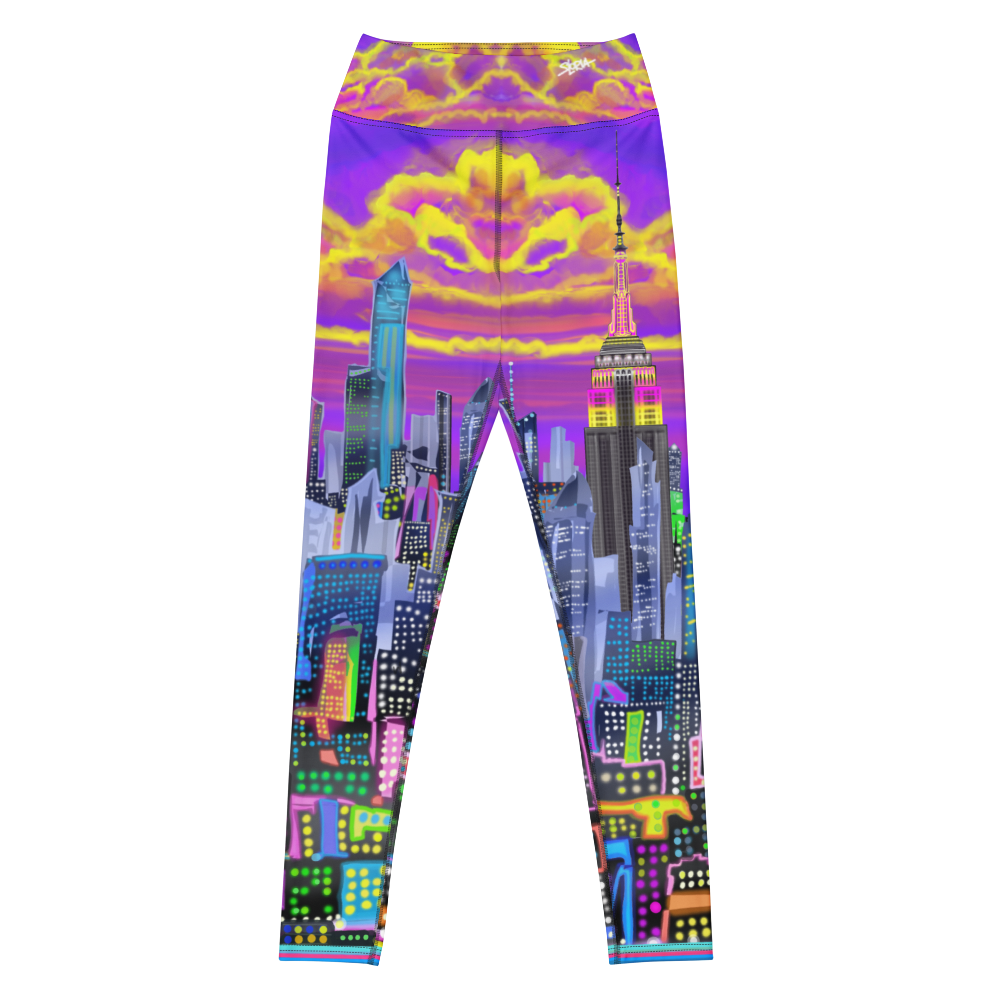 Leggings with a vibrant cityscape Loria NYC Art design on a white background