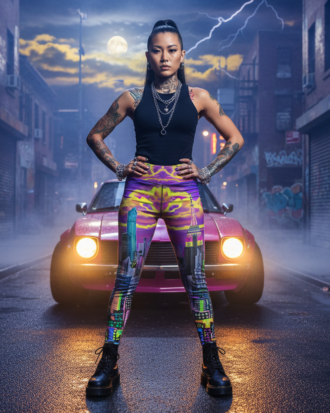 Person in colorful Loria NYC Art leggings standing in front of a car on a graffiti-covered street at night.