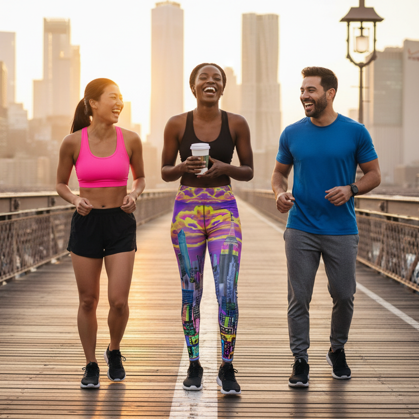 Three people walking on a bridge with girl wearing  Loria NYC Art city skyline leggings in and urban background