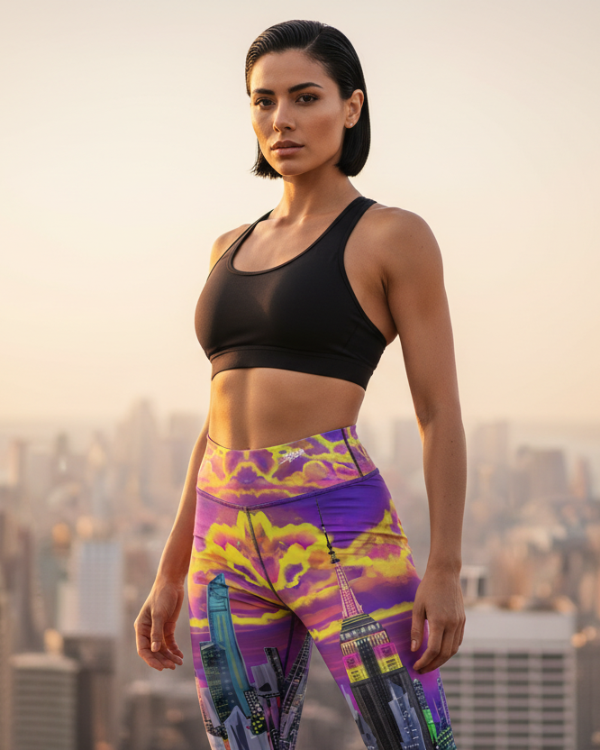 Woman in Loria NYC Art athletic wear standing against a cityscape background