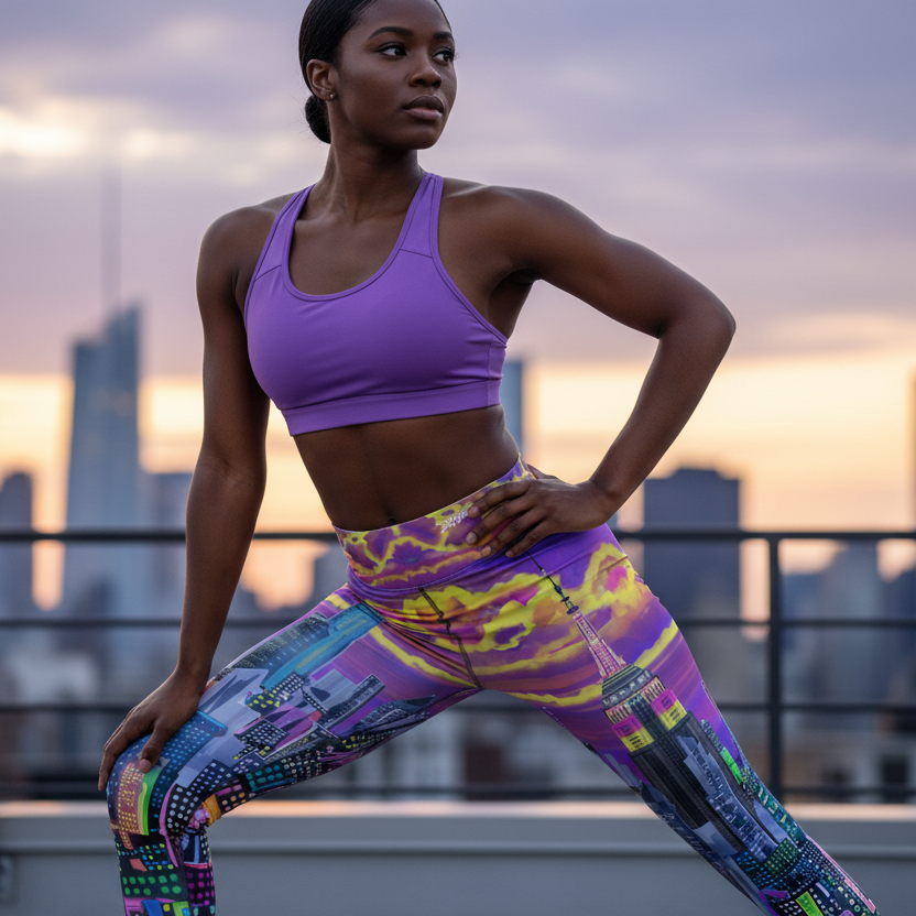 Woman in athletic wear posing on a rooftop wearing city skyline Loria NYC Art leggings