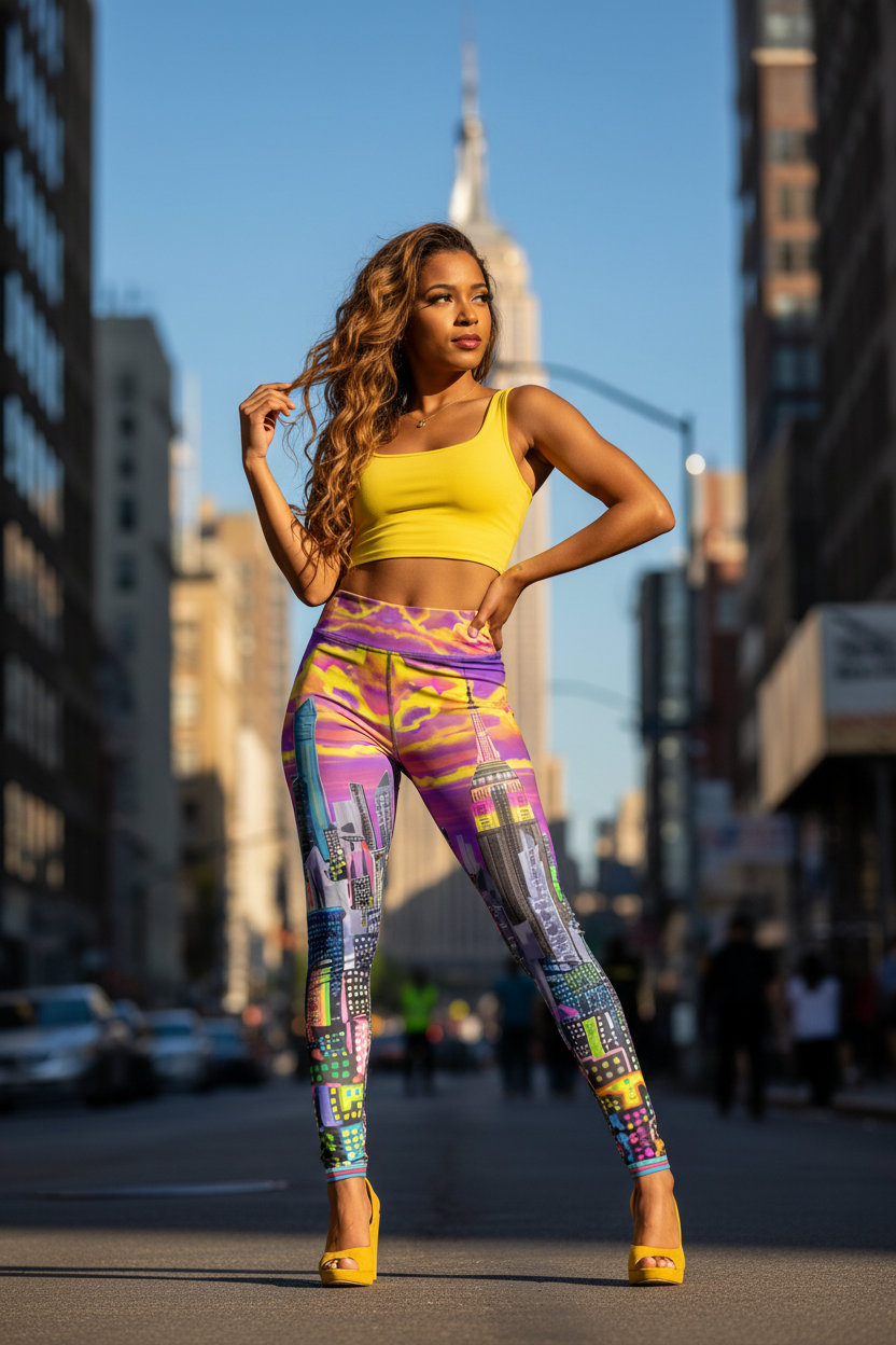 Woman in colorful Loria NYC Art leggings and yellow top standing on a city street with the Empire State Building in the background.