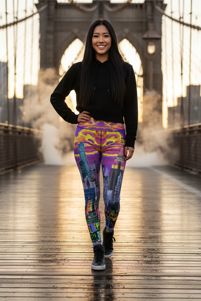 Woman wearing colorful Loria NYC Art leggings and a black top on a bridge with a cityscape background
