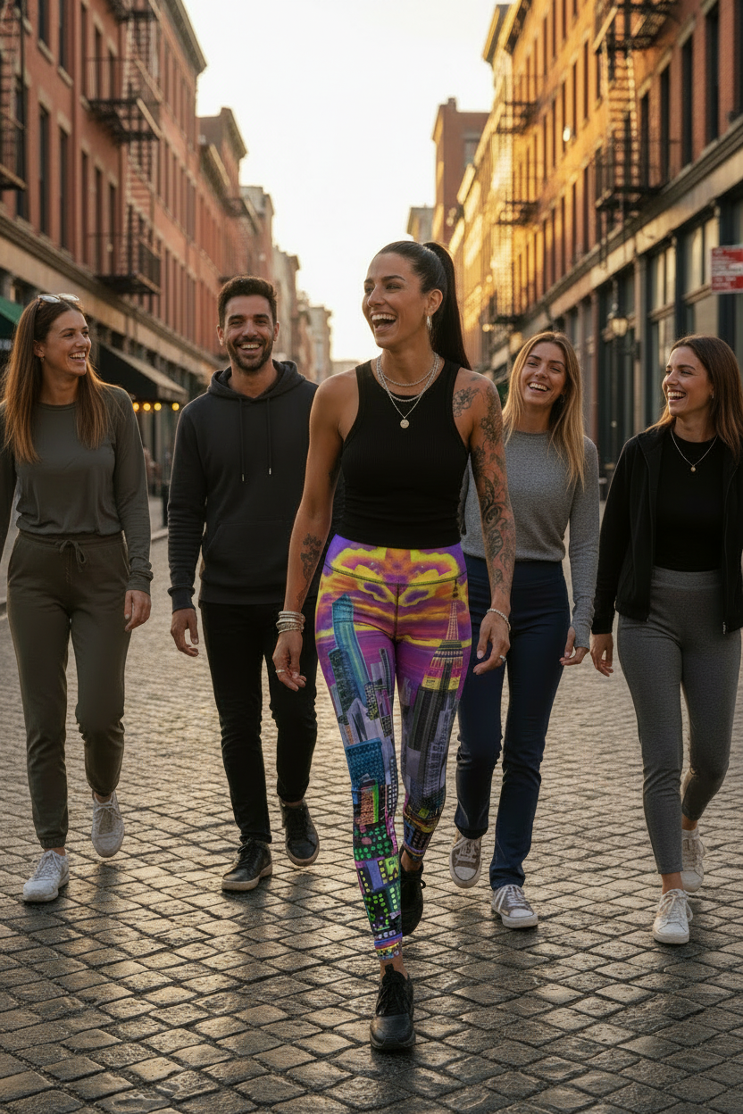 Group of people walking on a city street with Loria NYC Art colorful leggings