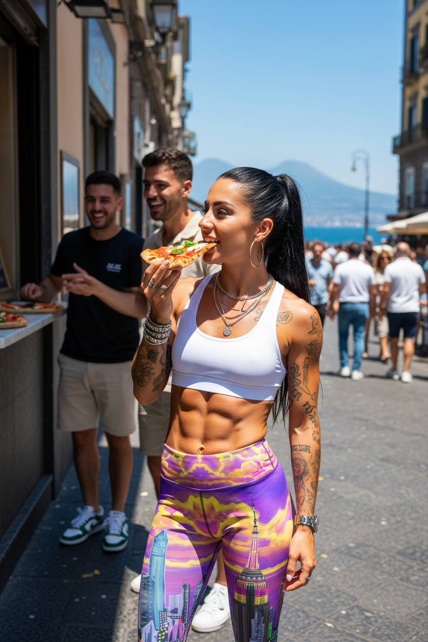 Woman in Loria NYC Art athletic wear eating a pizza on a street with people and buildings in the background