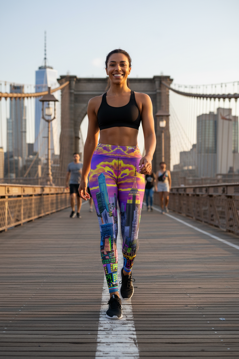 Woman wearing Loria NYC Art walking on a bridge with a city skyline in the background