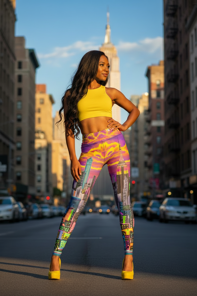 Woman in colorful Loria NYC Art leggings and sports bra standing on a city street with tall buildings in the background