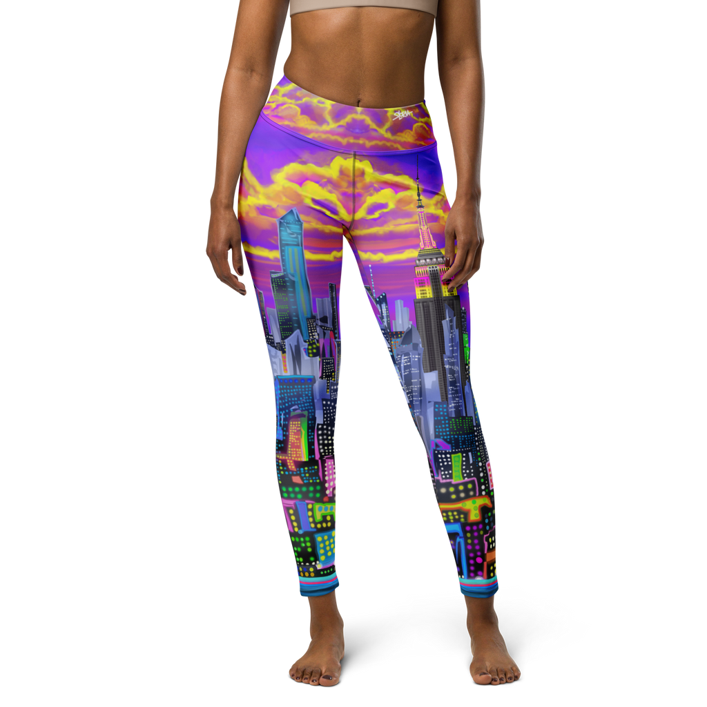 Colorful cityscape Loria NYC Art leggings worn by a person on a white background