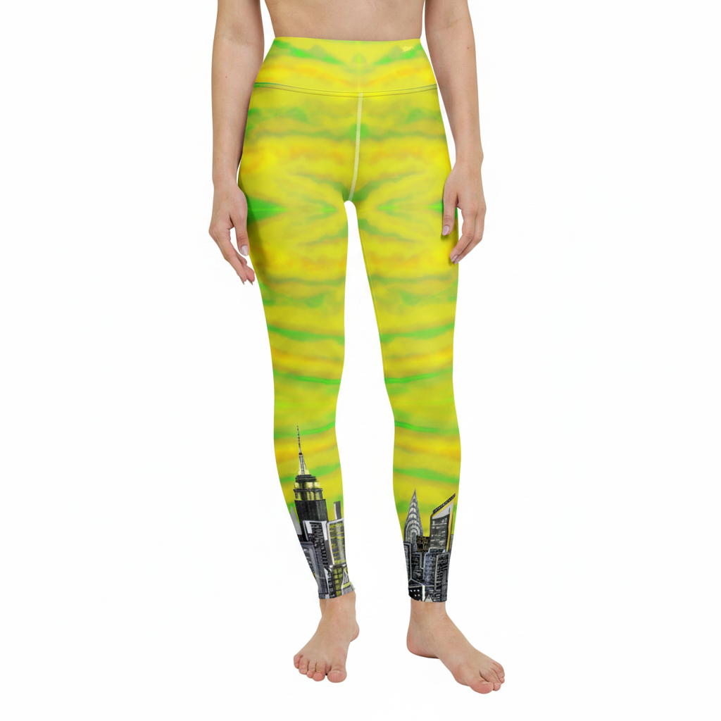 Person wearing bright yellow and green tie-dye leggings with a Loria NYC Art cityscape design on a white background