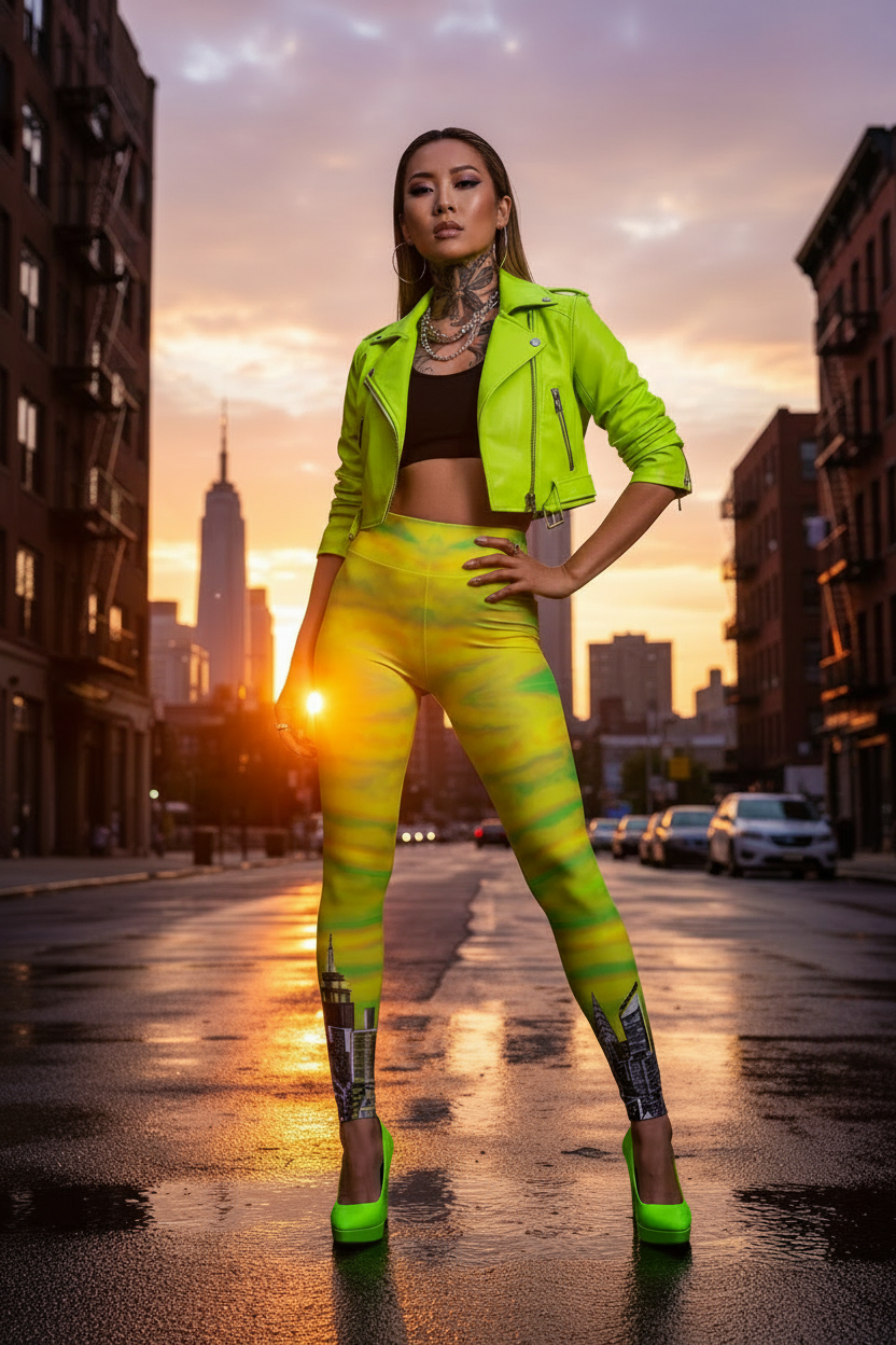 Woman in bright green Loria NYC Art outfit standing on a city street with sunset skyline