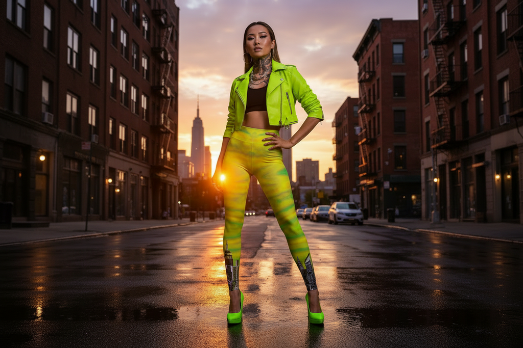 Woman in bright green Loria NYC Art outfit standing on a city street at sunset.