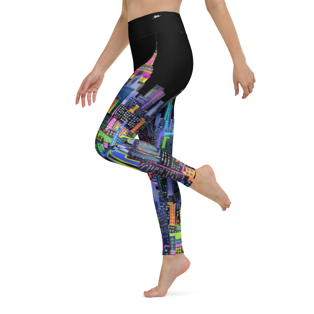Colorful cityscape  Loria NYC Art leggings worn by a person on a white background