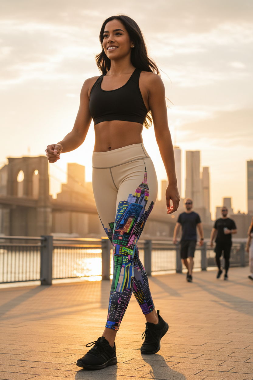 Woman in athletic Loria NYC Art wear walking on a bridge with a cityscape background
