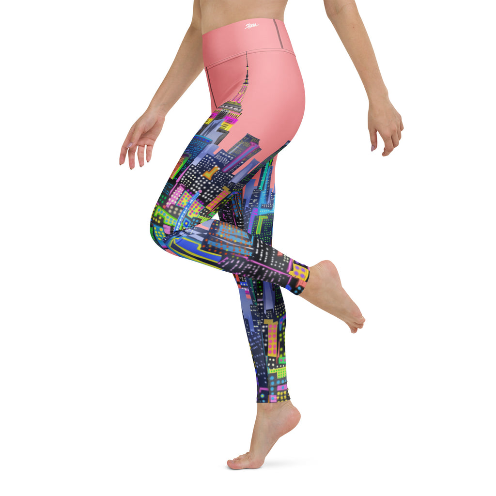 Leggings with Loria NYC Art colorful cityscape design on a white background