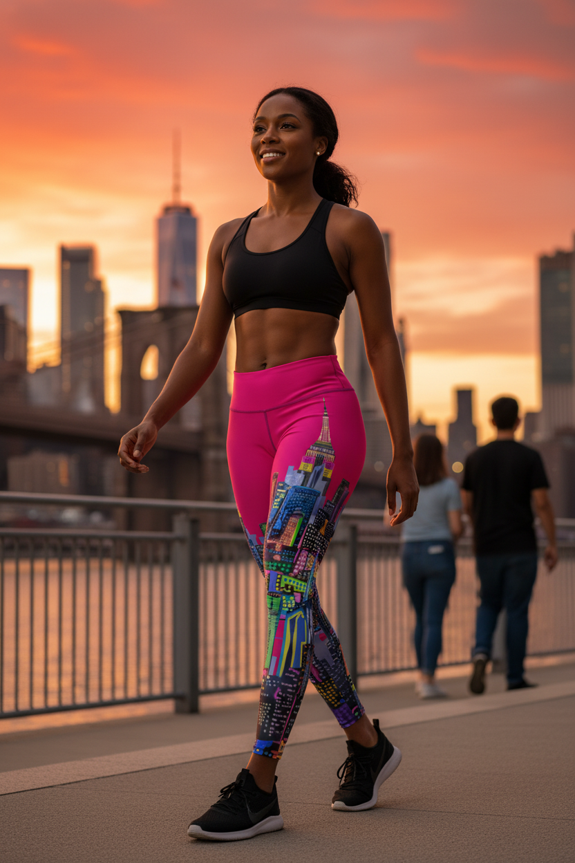 Woman in athletic Loria NYC Art wear walking on a bridge with a city skyline in the background during sunset.