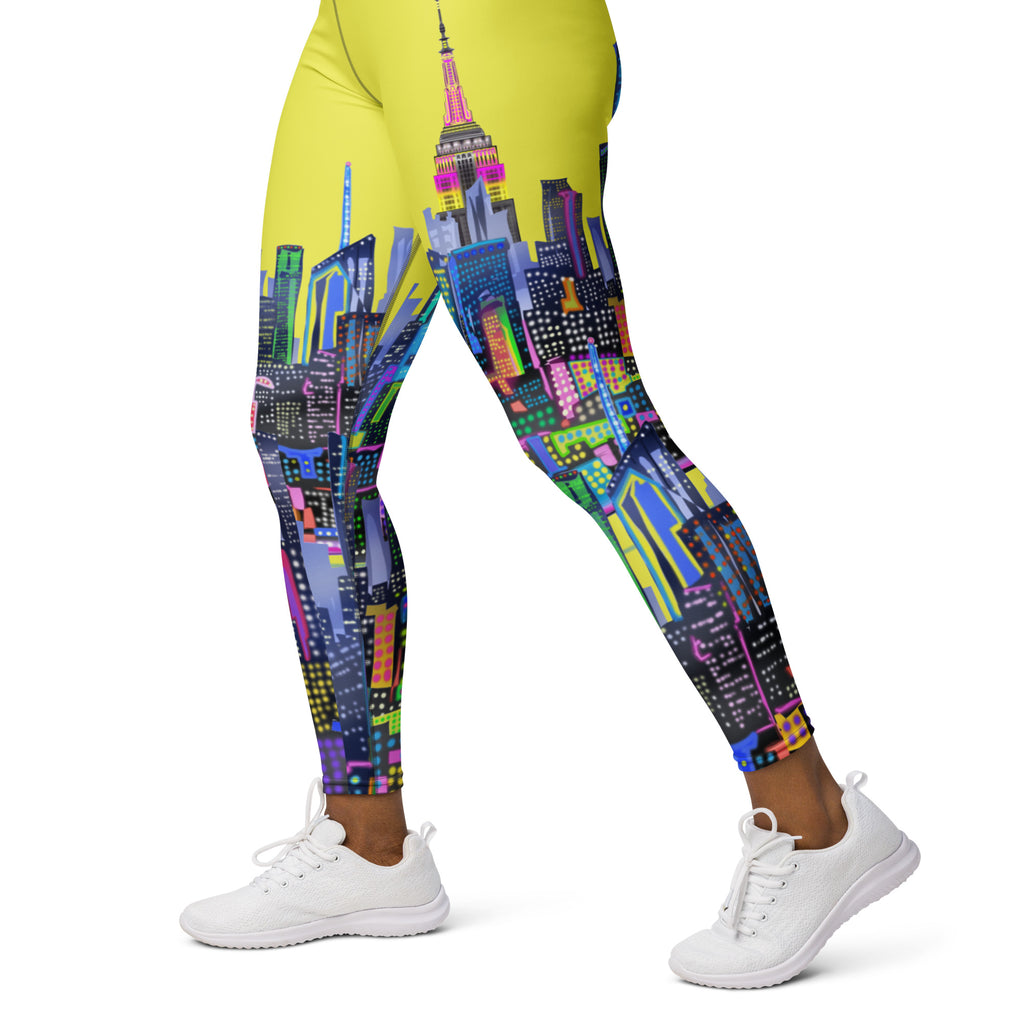 Leggings with colorful cityscape  Loria NYC Art design worn by a person on a white background