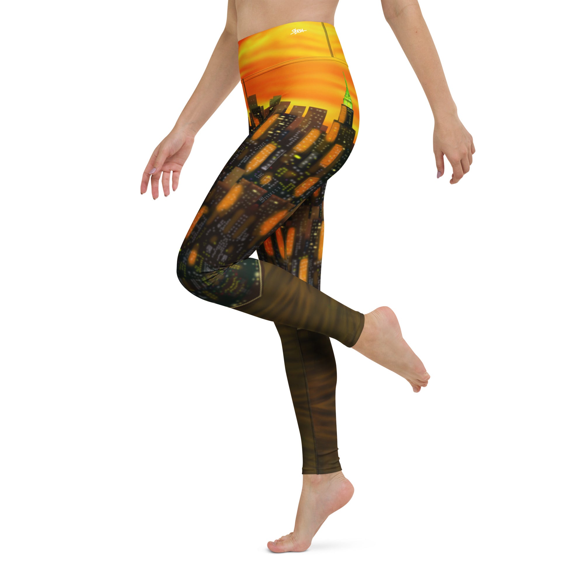 Leggings with a colorful Loria NYC Art design on a white background