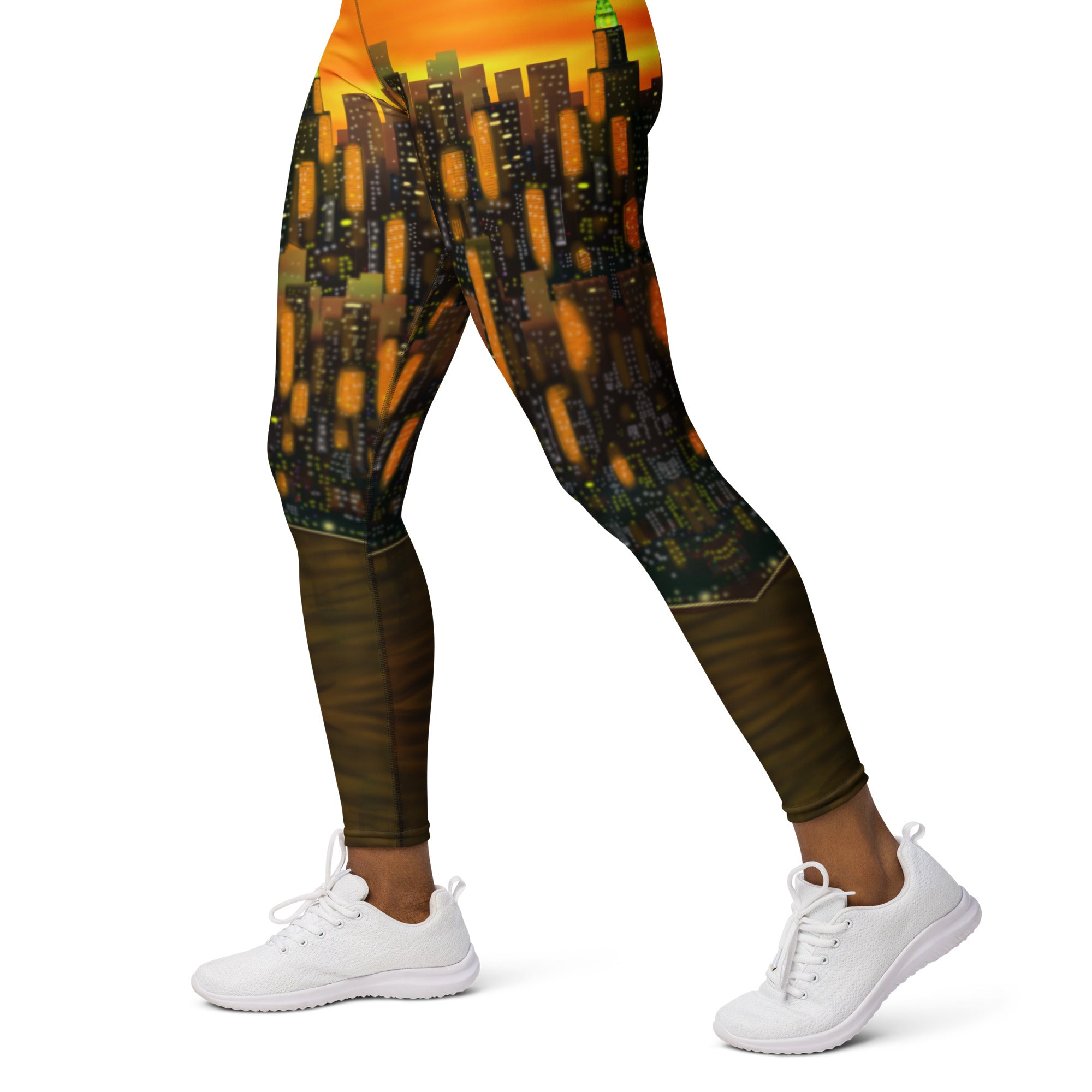 Leggings with a orange cityscape design by Loria NYC Art worn by a person on a white background