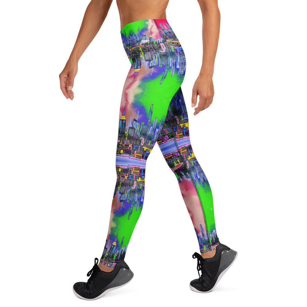 Multicolored tie-dye leggings designed by Loria NYC Art and worn by a person on a  white background