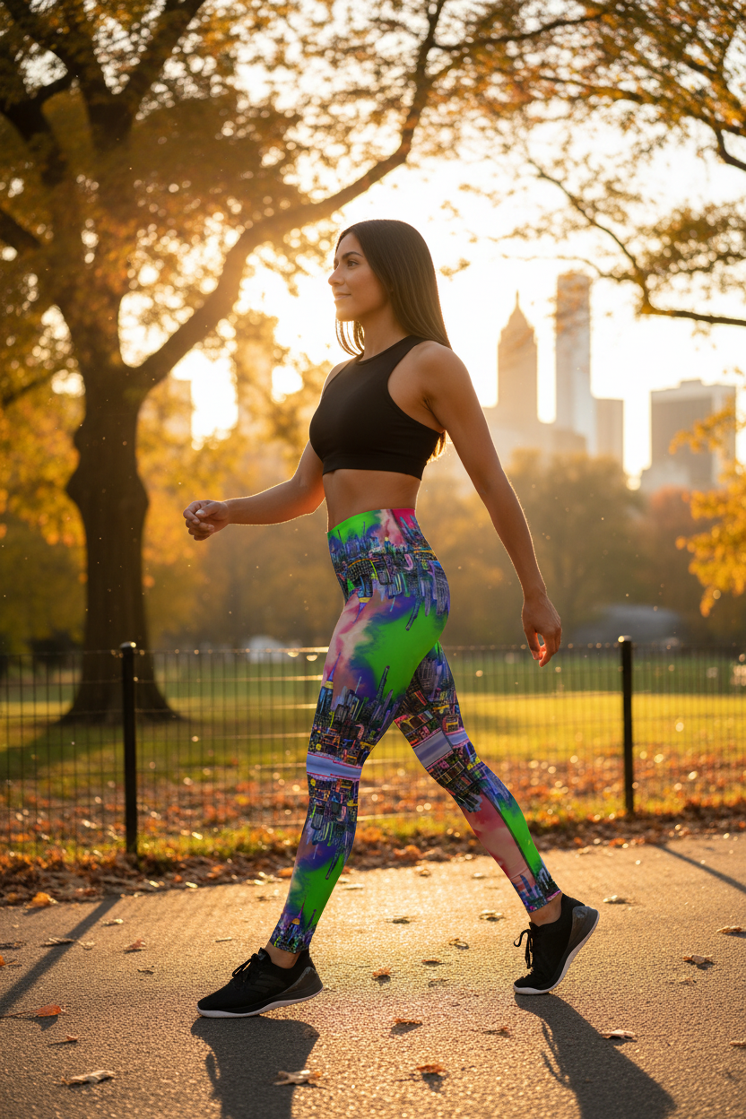 Woman in athletic wear designed by Loria NYC Art and walking in a park with city skyline in the background