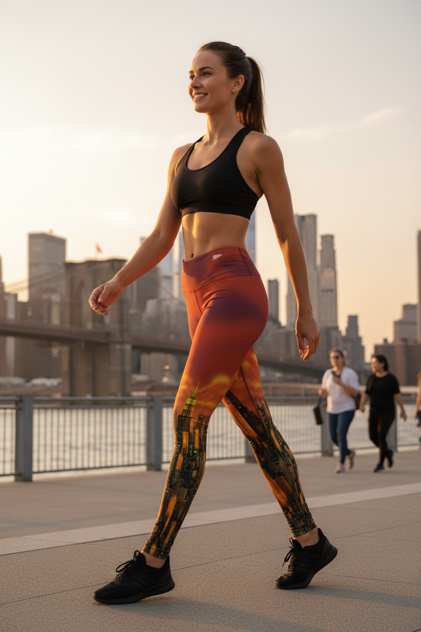 Leggings with a cityscape Loria NYC Art design on a white background