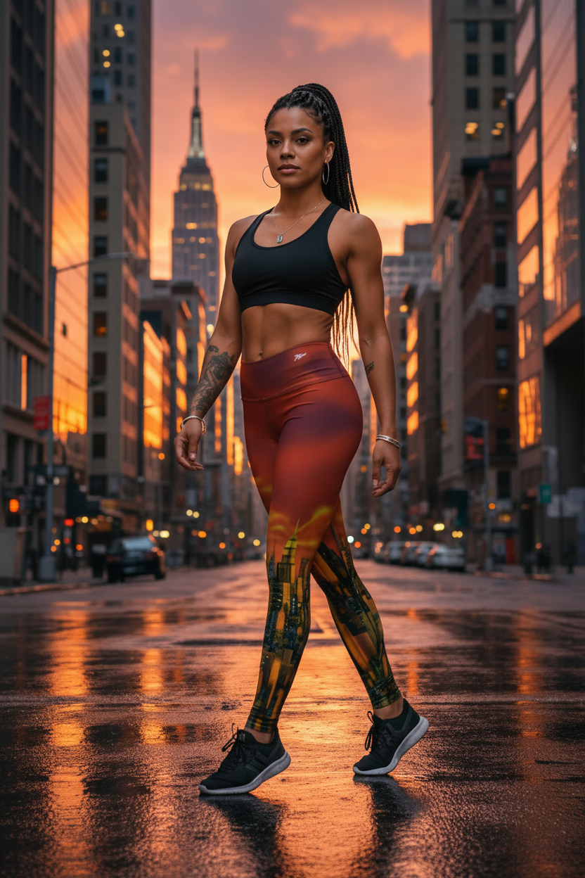 Woman in athletic Loria NYC Art wear walking on a city street at sunset.