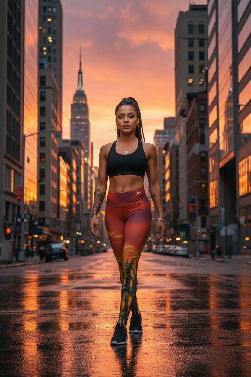 Woman in athletic Loria NYC Art wear standing on a city street at sunset with the Empire State Building in the background.