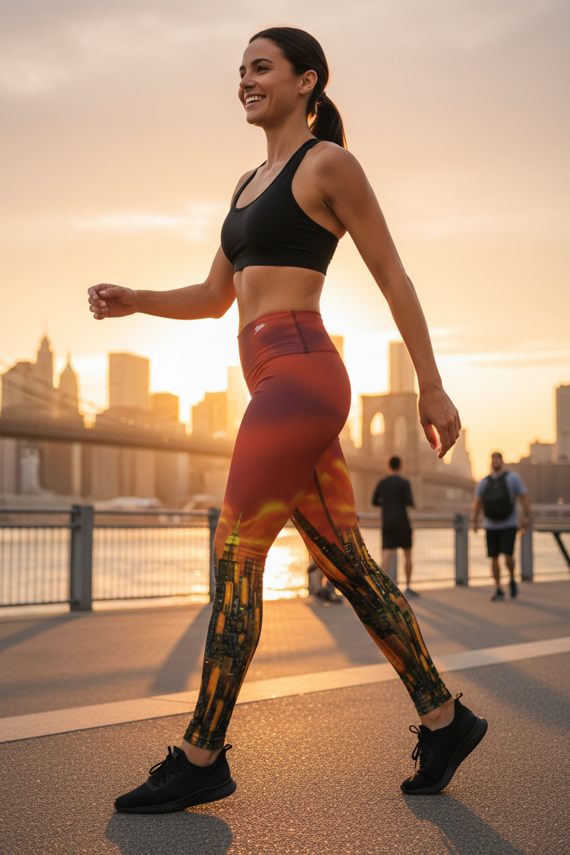 Woman in Loria NYC Art athletic wear walking on a path with a city skyline in the background