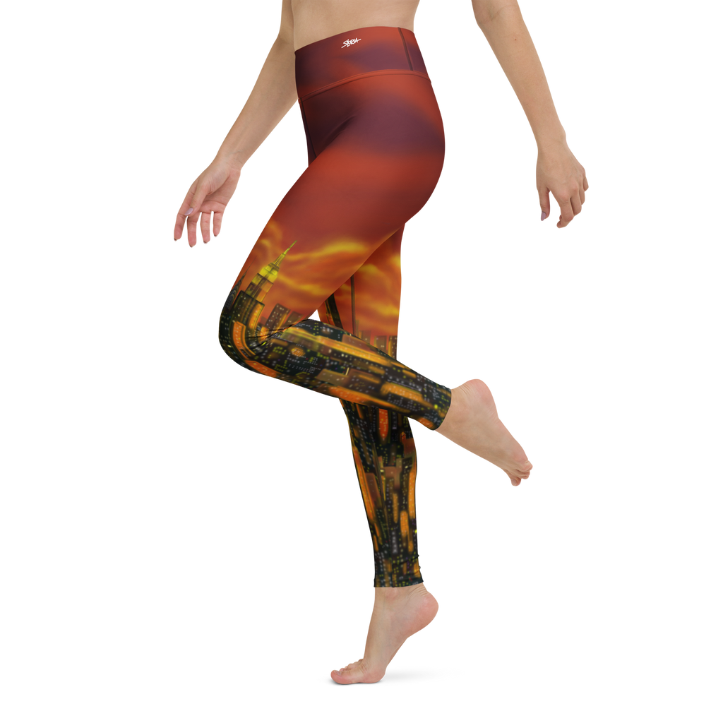 Leggings with a fiery Loria NYC Art design on a white background