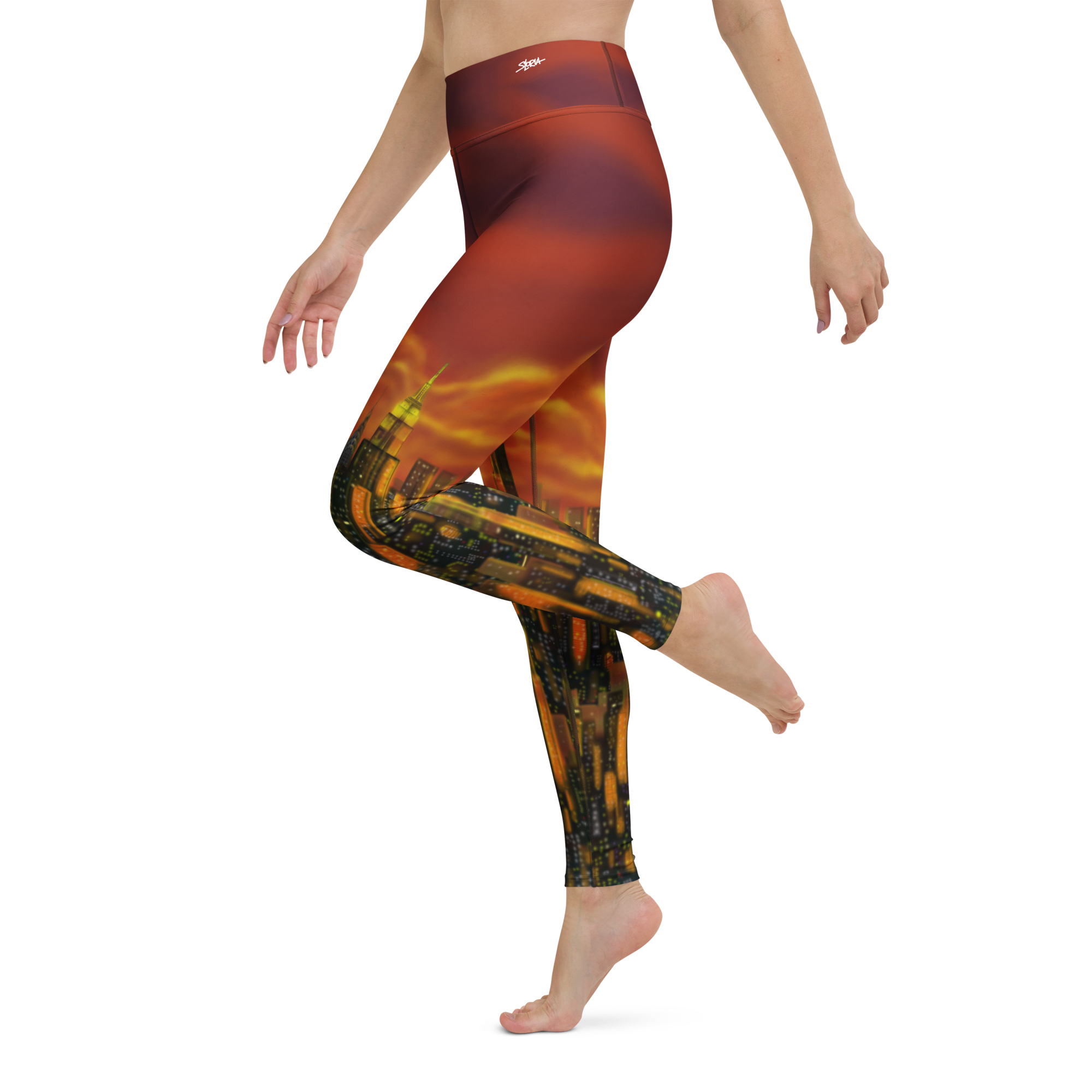 Leggings with a fiery Loria NYC Art design on a white background