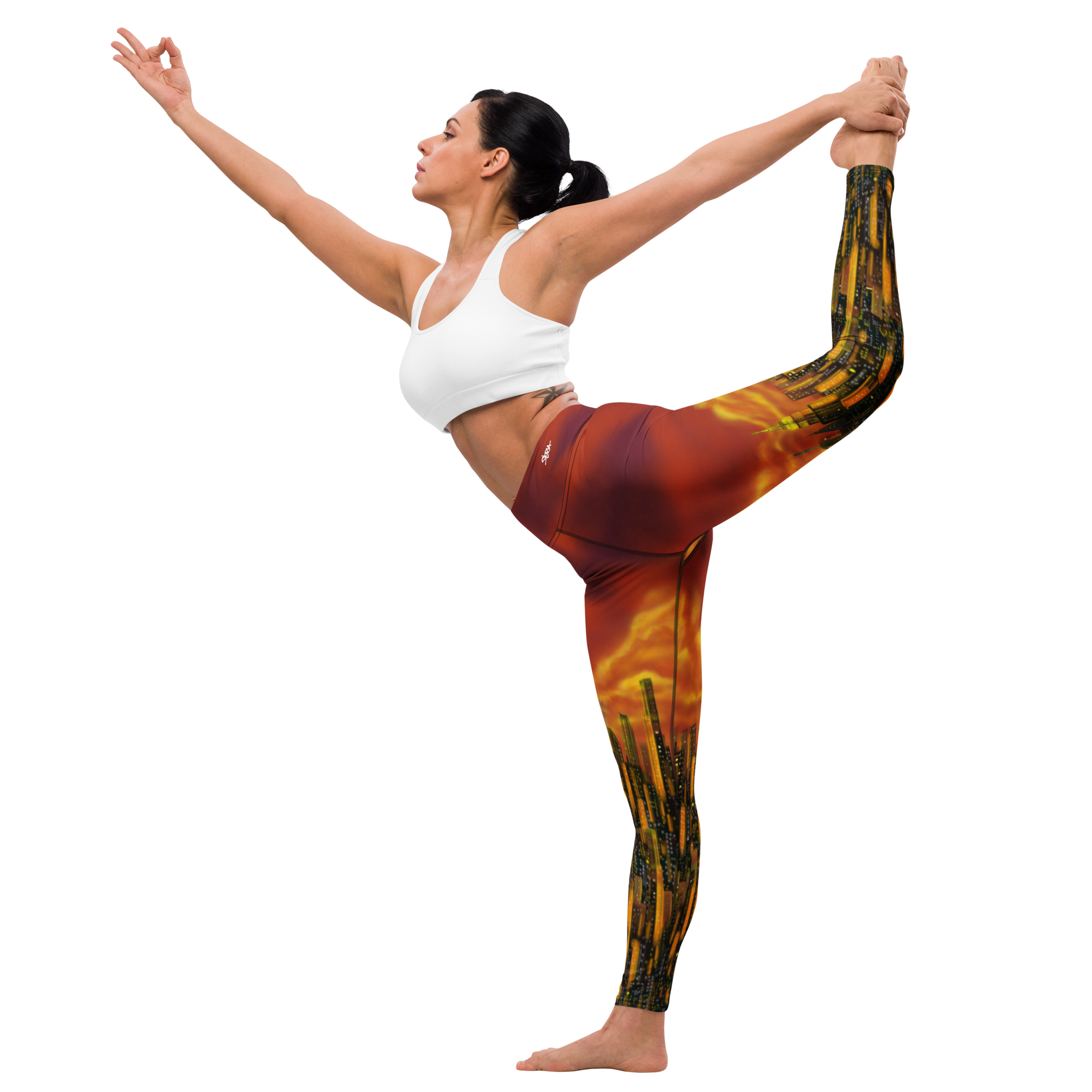 Woman in a yoga pose wearing Loria NYC Art colorful leggings on a white background