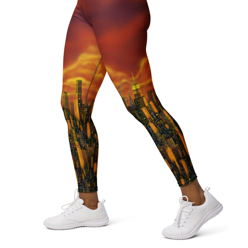 Leggings with a cityscape Loria NYC Art design worn by a person on a white background