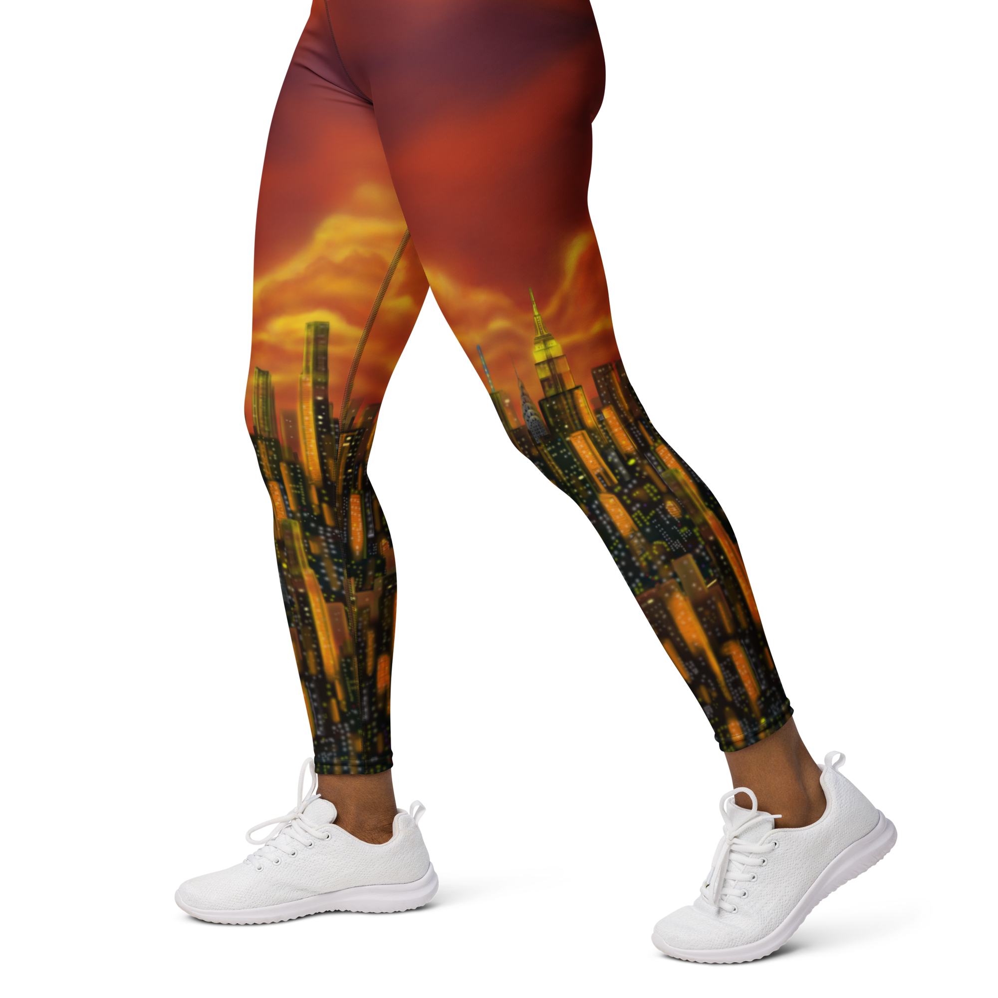 Leggings with a cityscape Loria NYC Art design worn by a person on a white background
