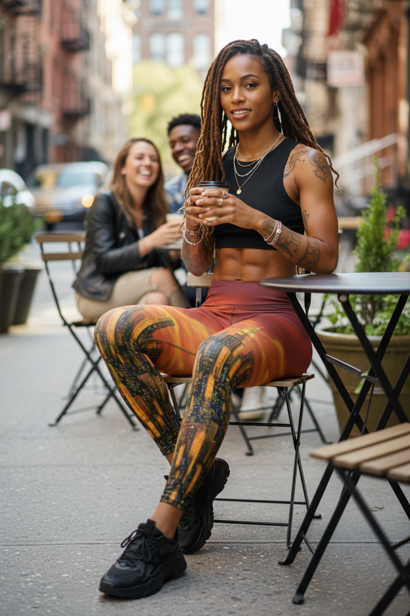 Person with tattoos sitting at an outdoor cafe table wearing Loria NYC Art leggings with an urban setting