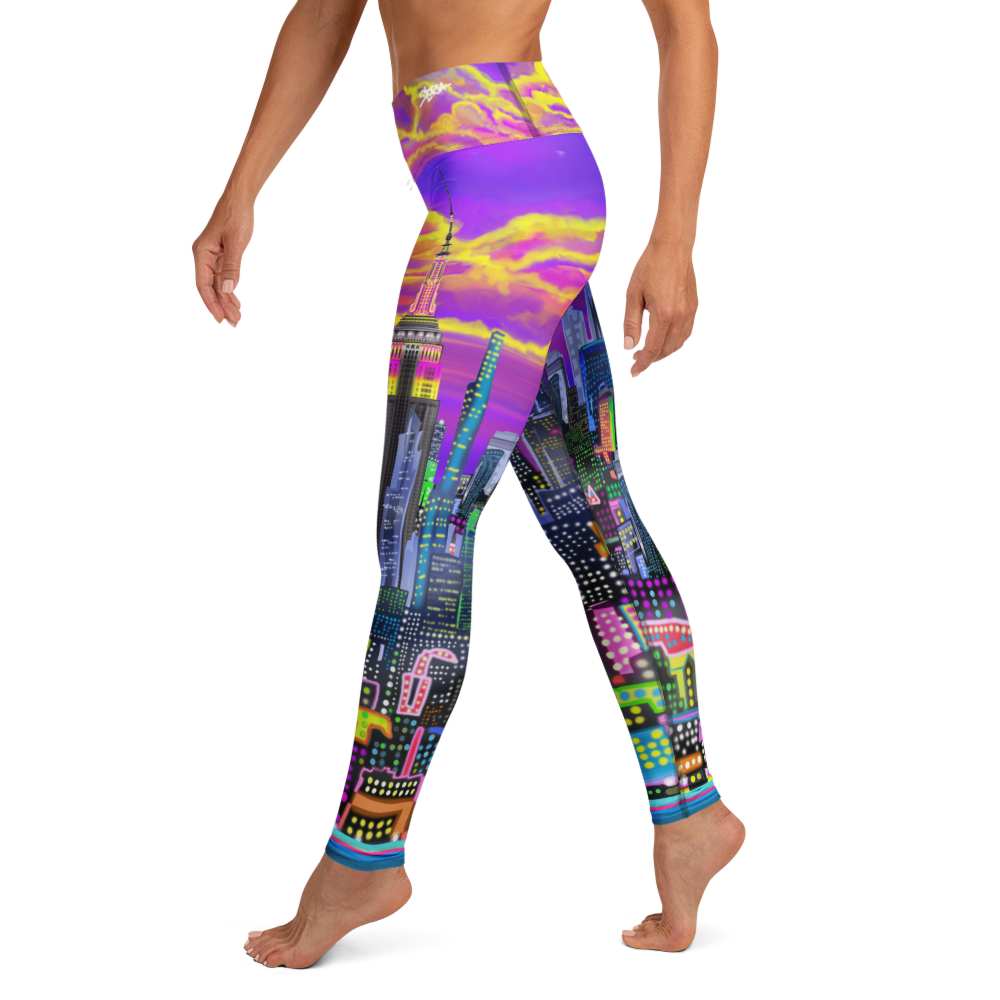 Colorful cityscape Loria NYC Art leggings worn by a person on a white background