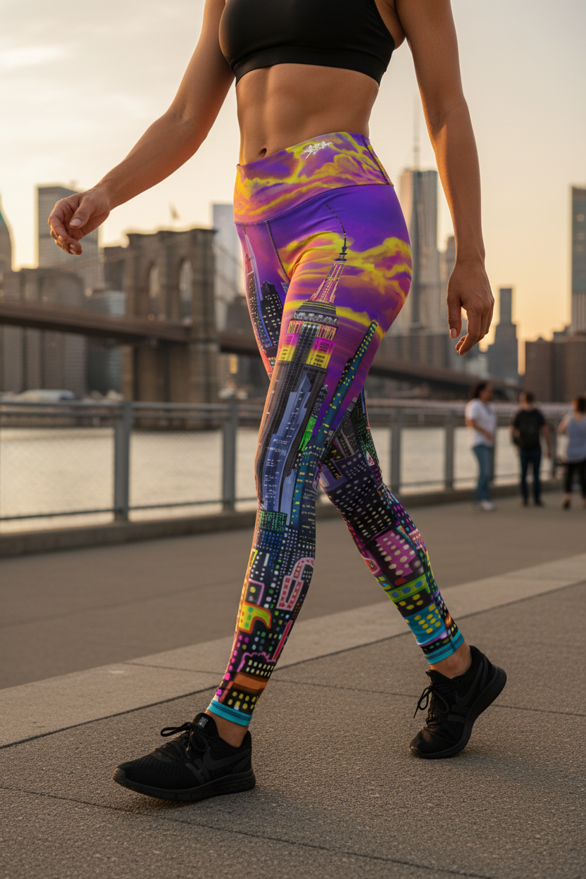 Person wearing colorful Loria NYC Art leggings with a cityscape design, walking on a path with a city skyline in the background.