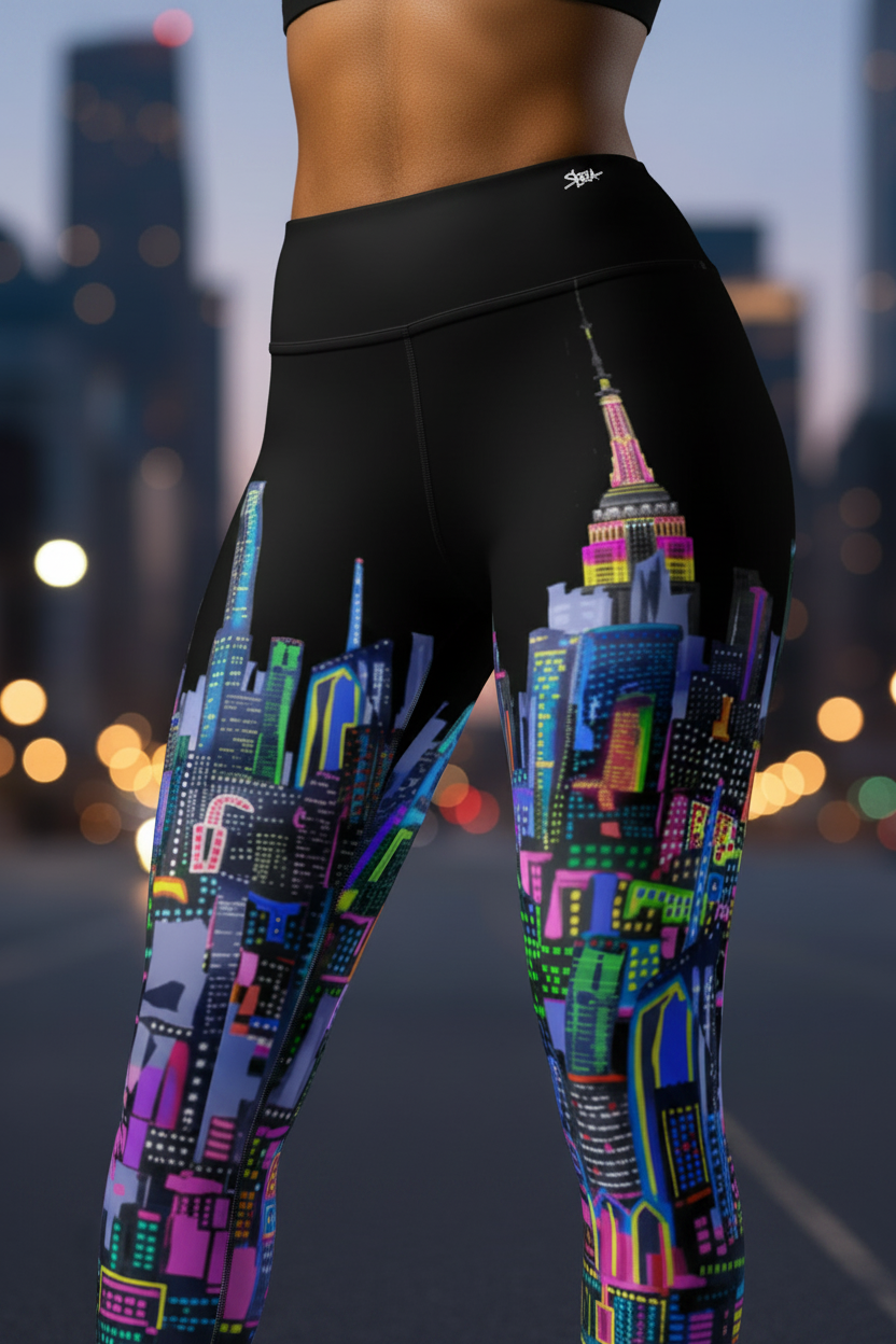 Front image of Loria NYC Art city skyline leggings close up with blurred city lights in  background 