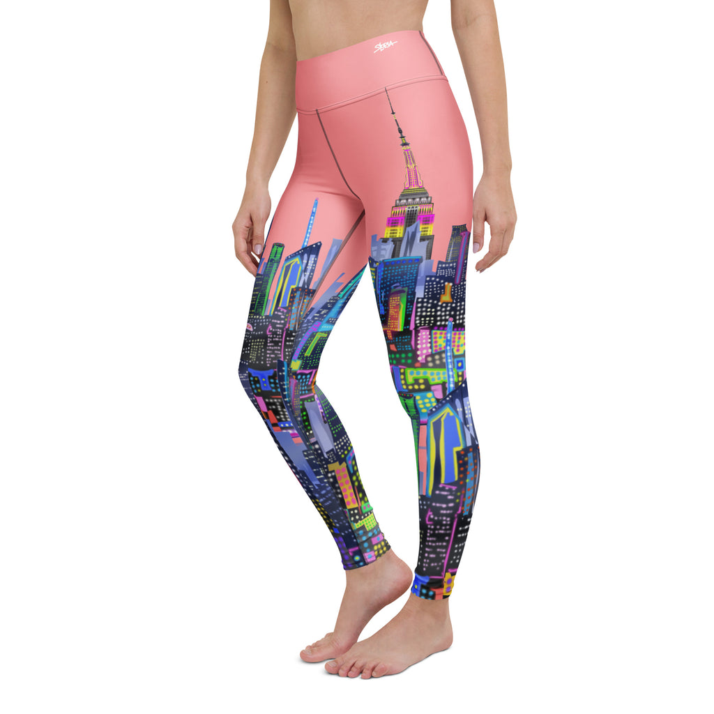 Leggings with Loria NYC Art colorful cityscape design on a white background