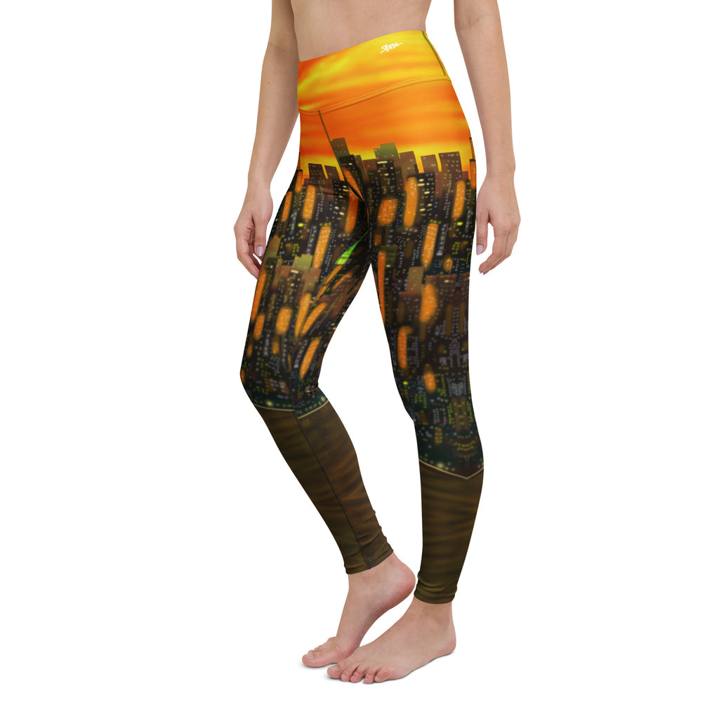 Colorful leggings with abstract Loria NYC Art design worn by a person on a white background