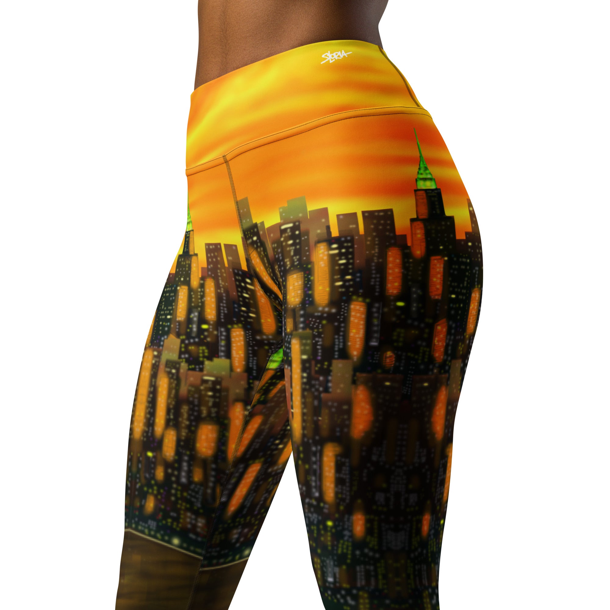 Leggings with a cityscape Loria NYC Art design on a white background