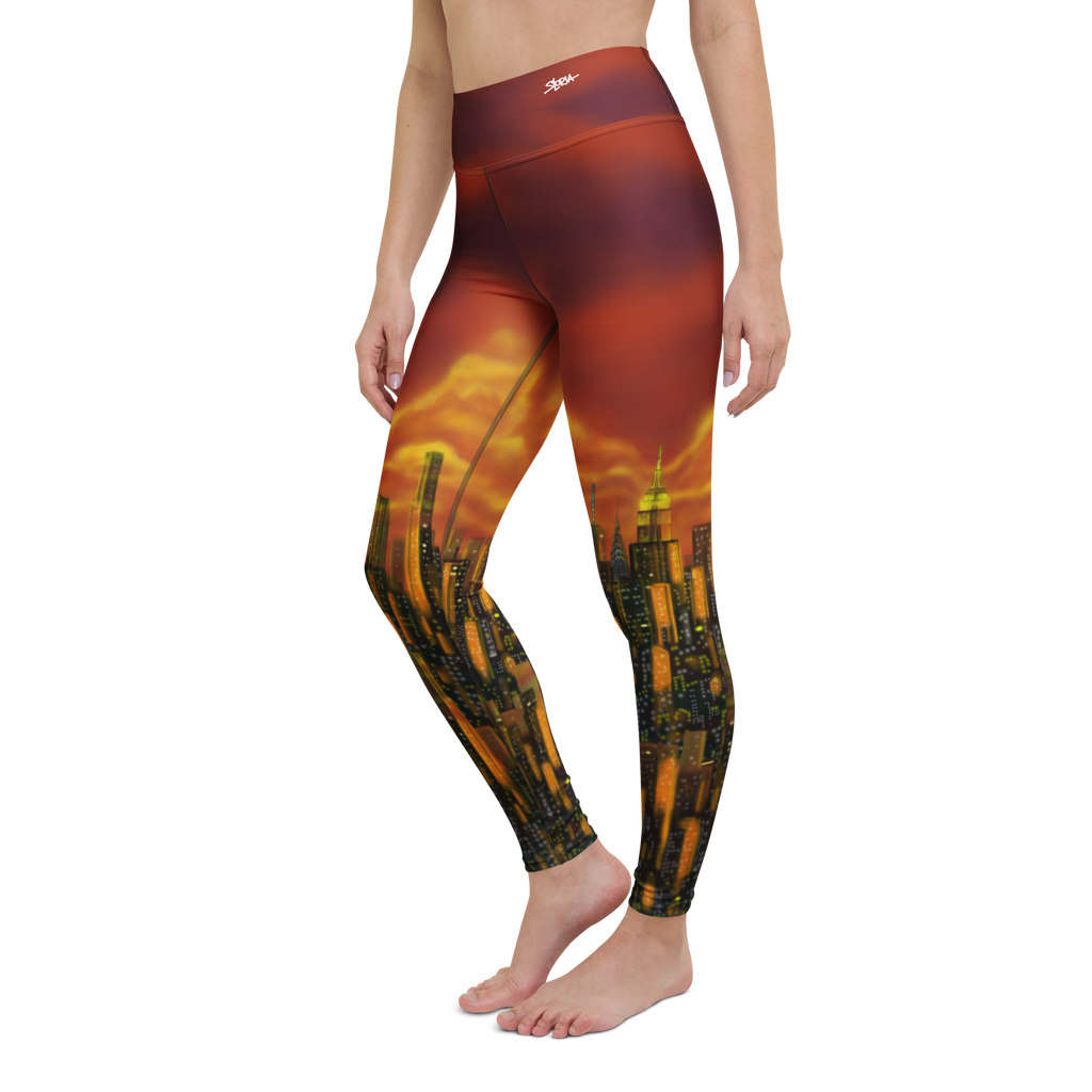 Leggings with a Loria NYC Art cityscape design on a white background