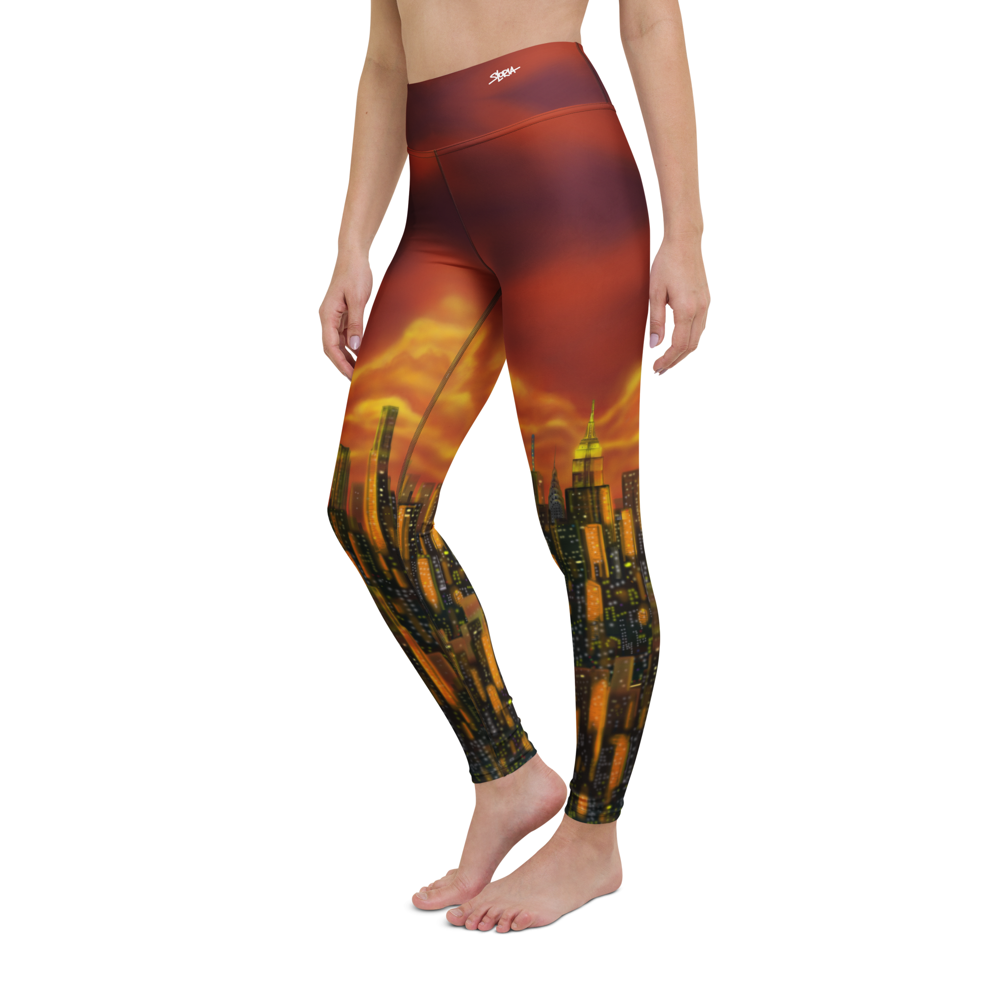Leggings with a Loria NYC Art cityscape design on a white background