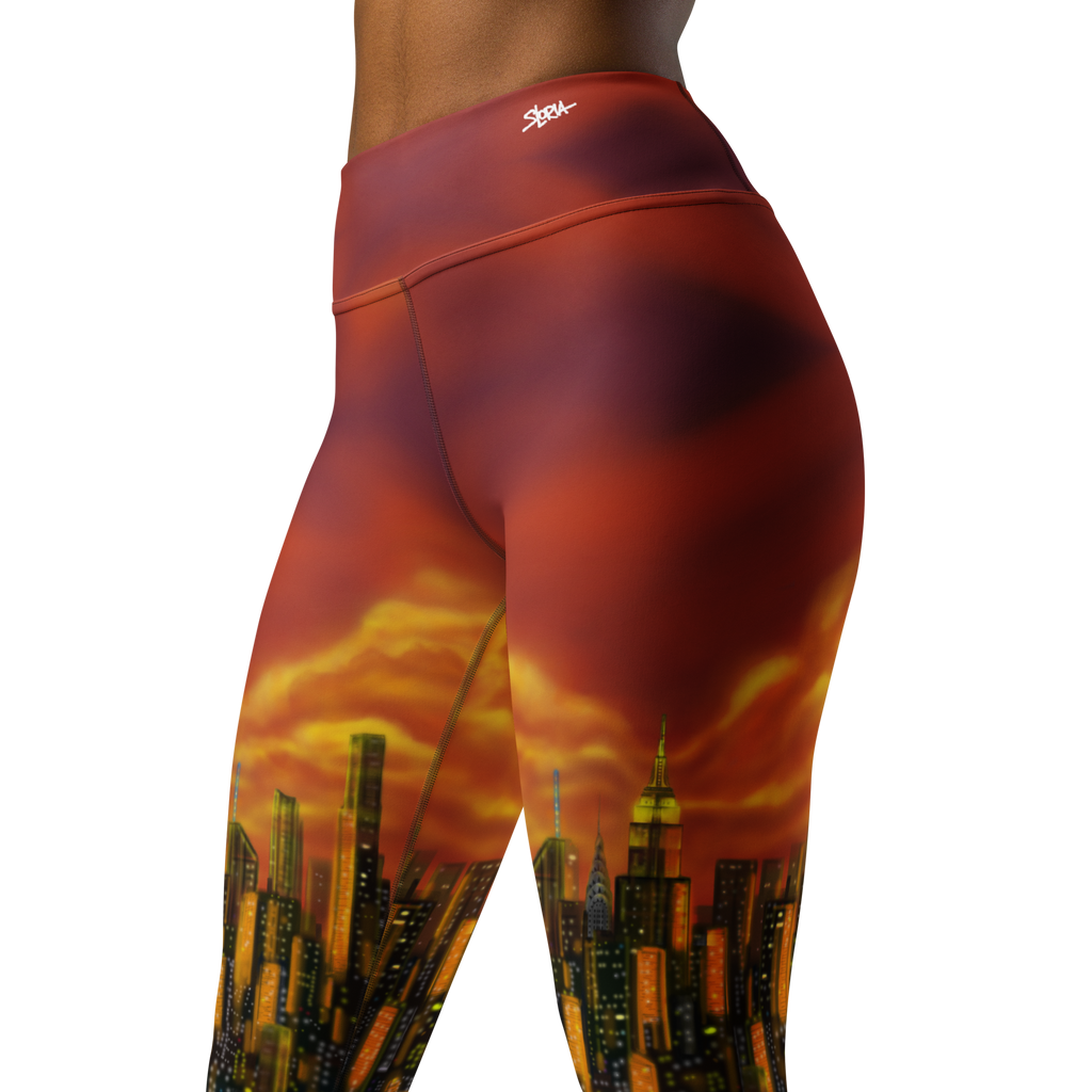 Leggings with a cityscape Loria NYC Art design on a white background