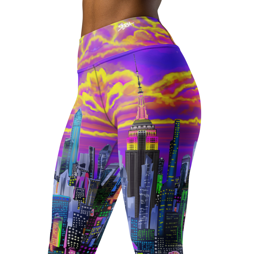 Colorful leggings with Loria NYC Art cityscape design on a white background