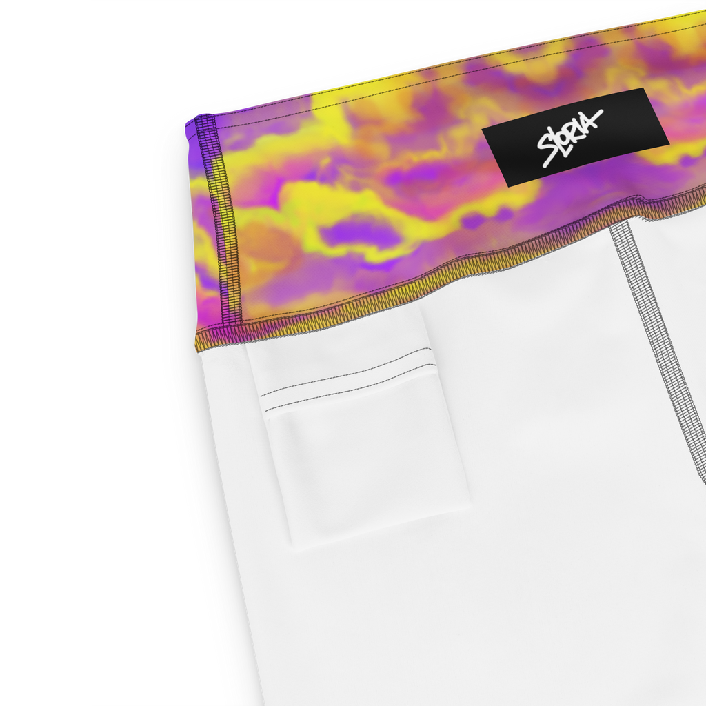 White shorts with a colorful Loria NYC Art waistband and a brand logo on a white background