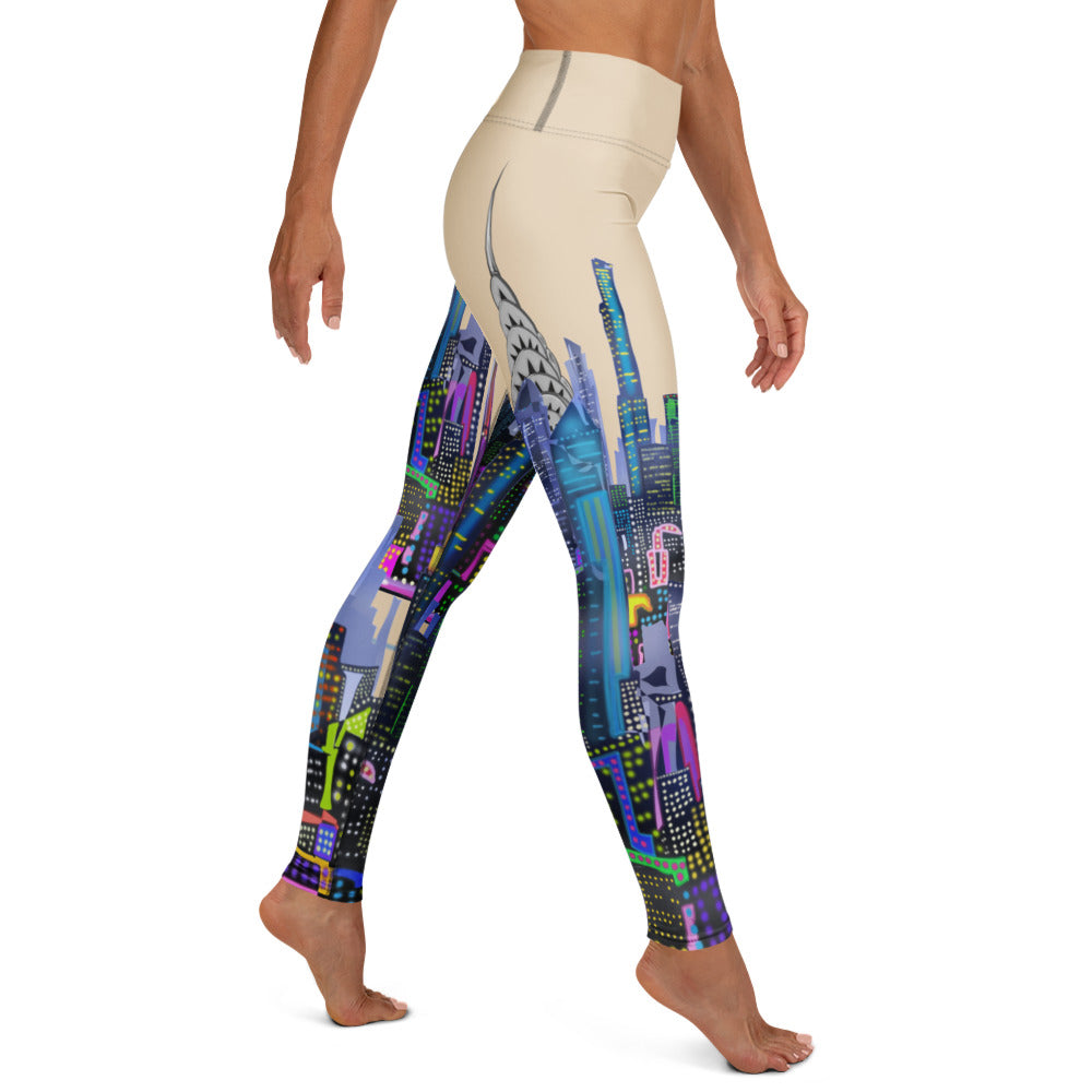 Colorful cityscape Loria NYC Art leggings worn by a person on a white background