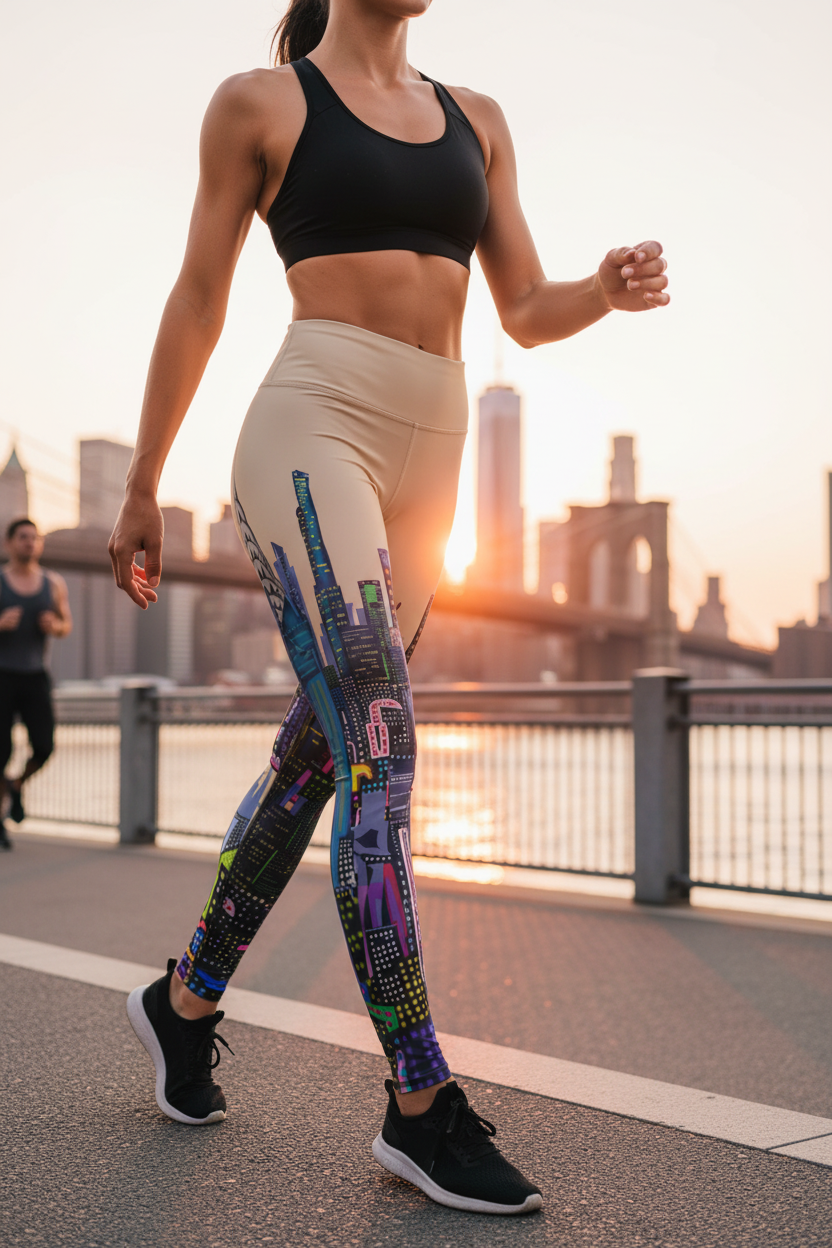 Person wearing colorful Loria NYC Art leggings with cityscape design, black sports bra, and white leggings, running on a path with a city skyline in the background.