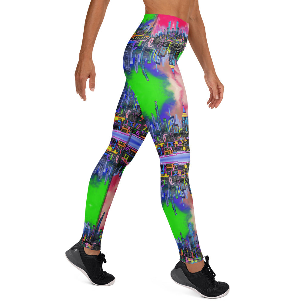 Multicolored tie-dye leggings designed by Loria NYC Art and worn by a person on a  white background