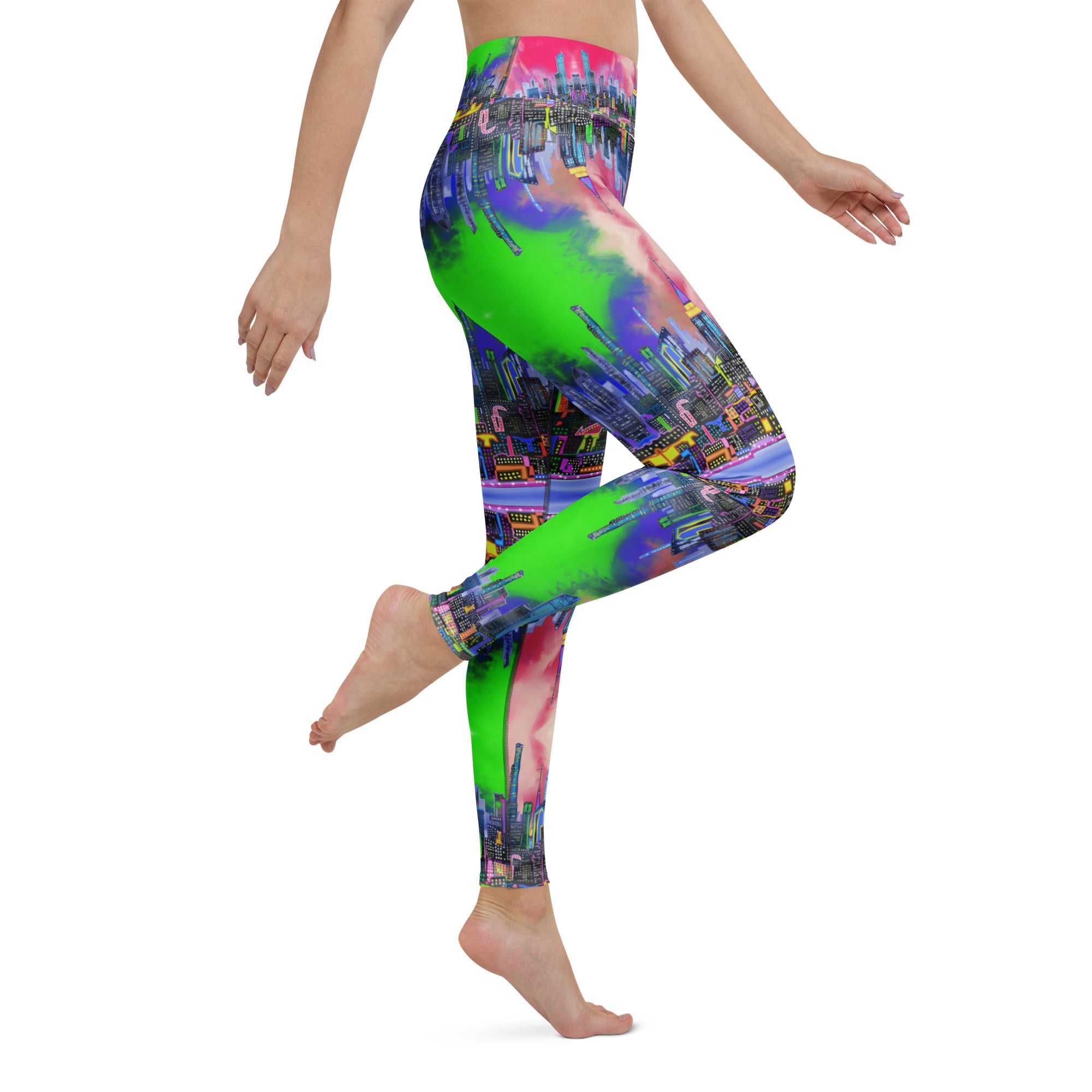 Multicolored tie-dye leggings designed by Loria NYC Art and worn by a person on a  white background
